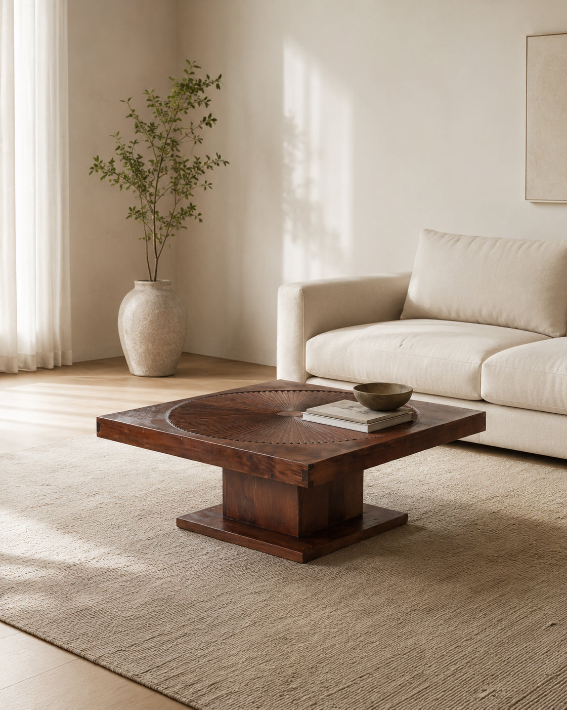 A square dark brown wooden coffee table with a circular inset detail on its top surface