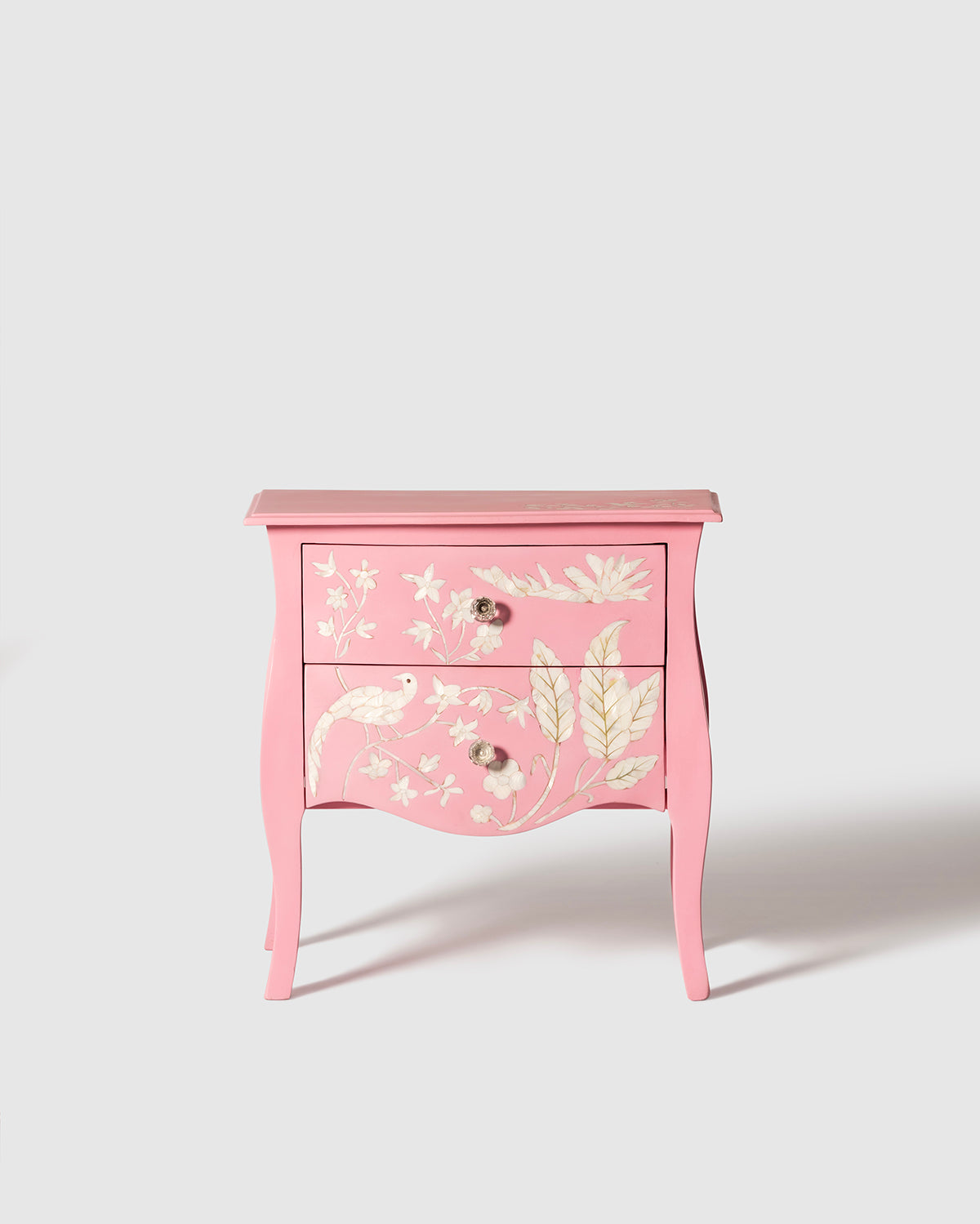 Pink side table with white floral patterns in MOP