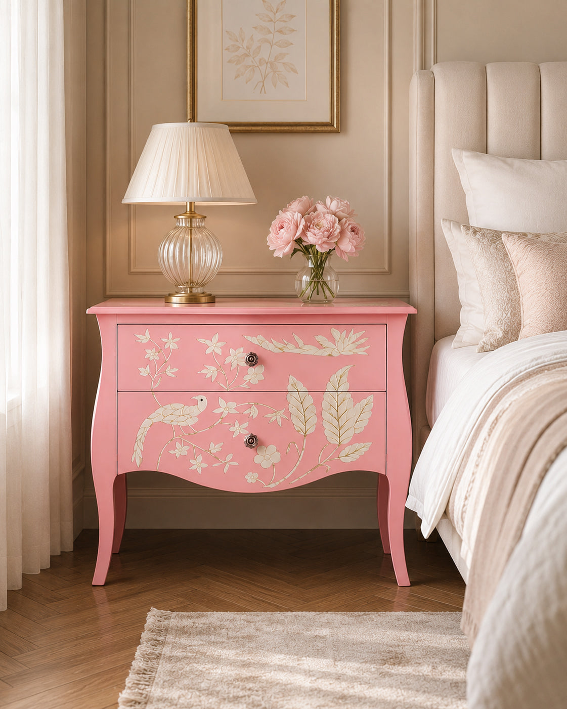 A pink two-drawer nightstand inwhite mother of pearl having botanical leaf patterns and silver knobs, styled in a cozy room next to a beige armchair with a pink pillow.
