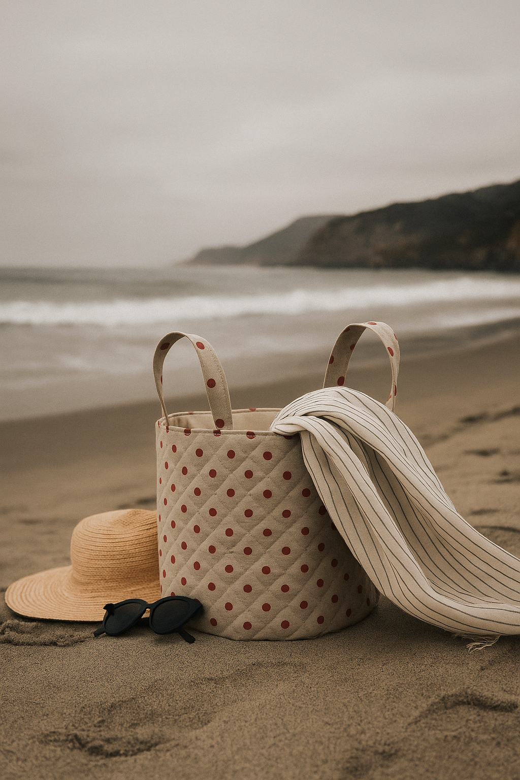 Polka dot fabric basket with a towel and sun hat on a sandy beach