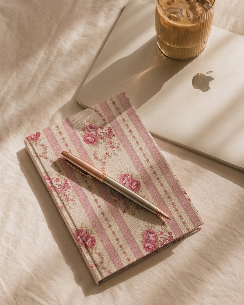Floral notebook with a pen on a bed next to a glass of iced coffee and an open laptop.