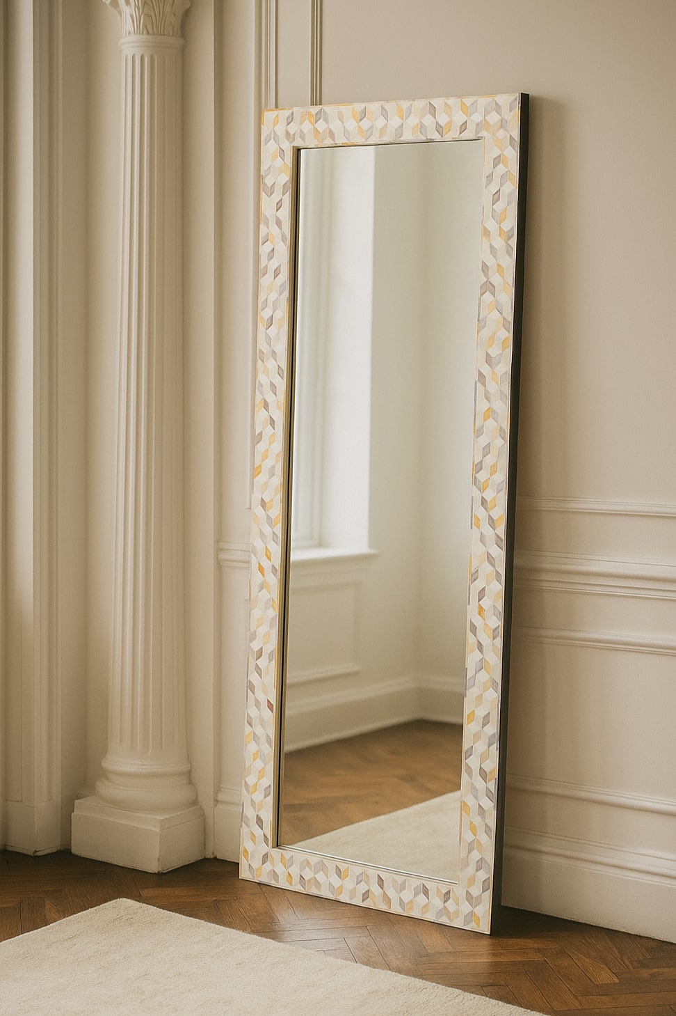 Decorative full-length mirror with a patterned frame made of dyed bone leaning against a wall.