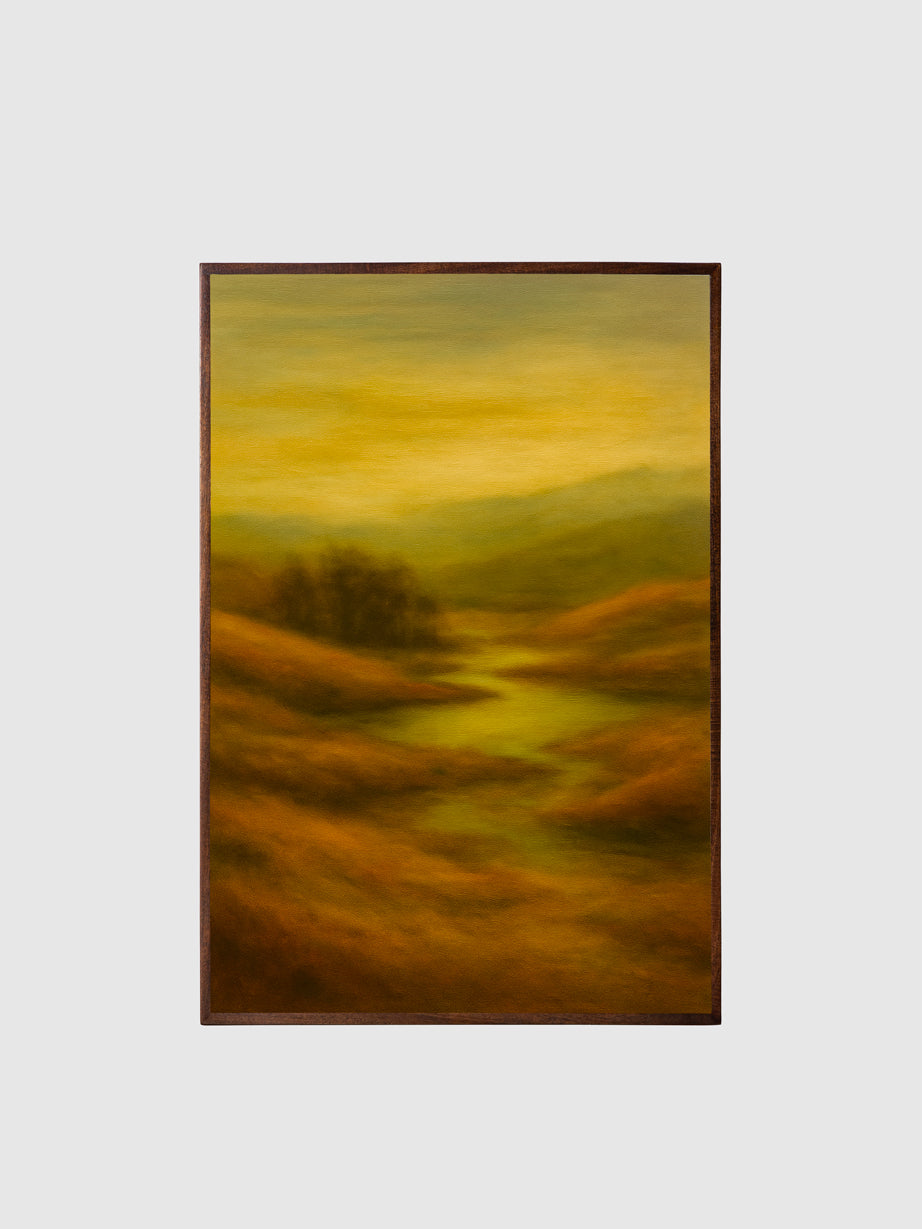 Abstract landscape painting with warm colors on a light gray background