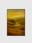 Abstract landscape painting with warm colors on a light gray background
