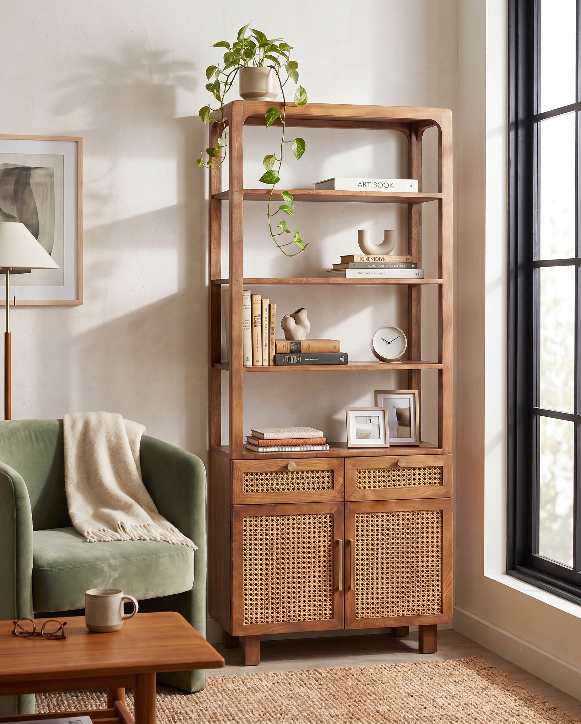 wooden caning bookshelf in a room