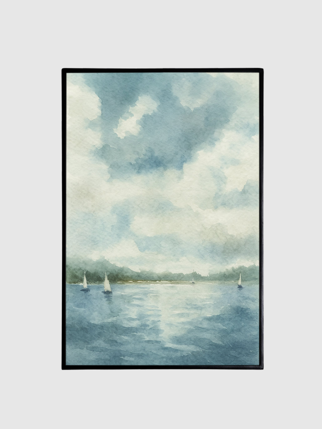 Framed artwork of a seascape with sailboats and a cloudy sky.
