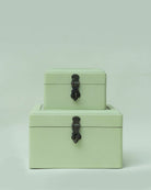 Two stacked rectangular storage boxes in a pale mint green color with dark metal latch closures, set against a solid light gray background.