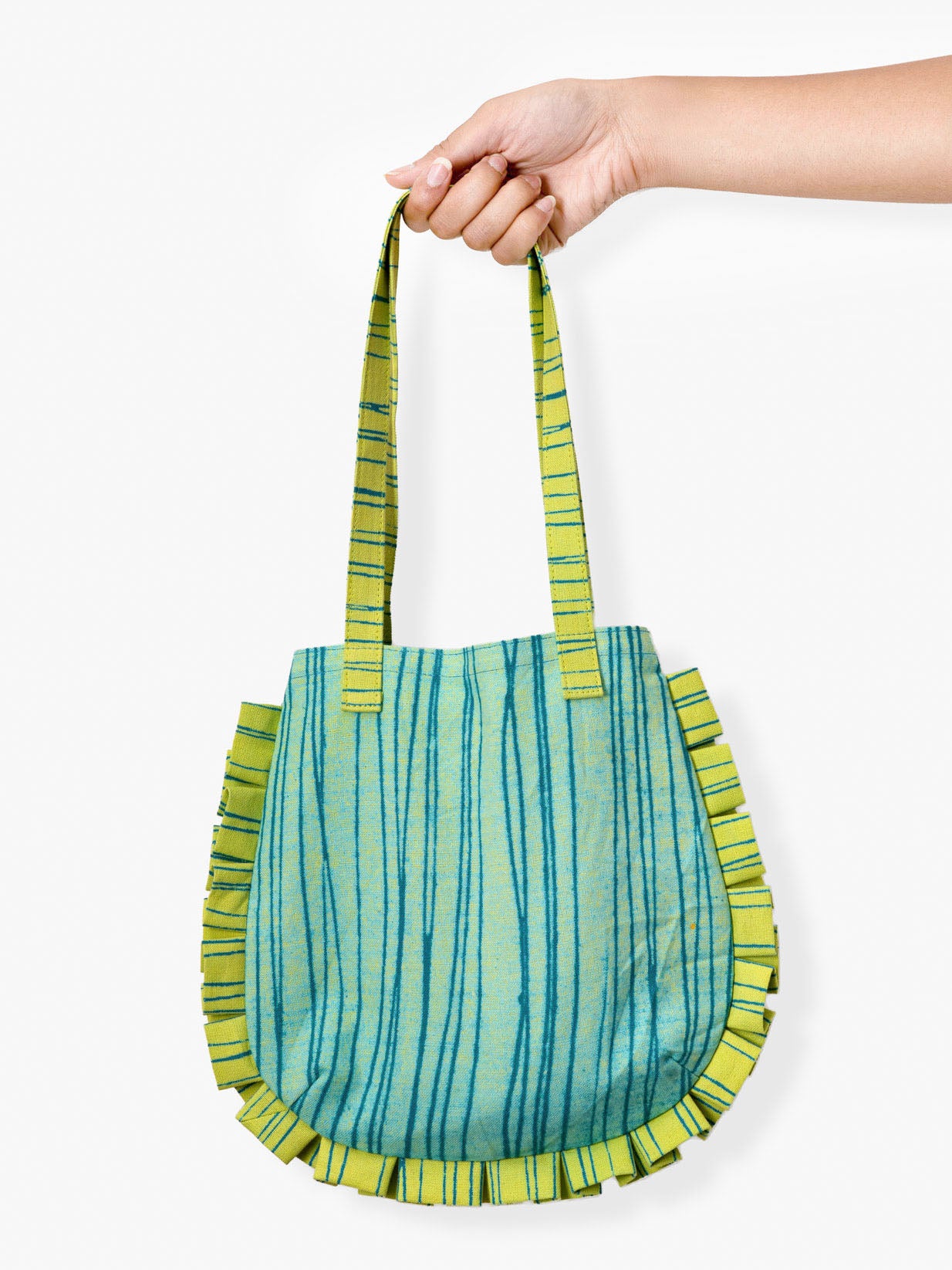 Green and blue striped handbag with ruffled edges