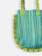 Green and blue striped handbag with ruffled edges