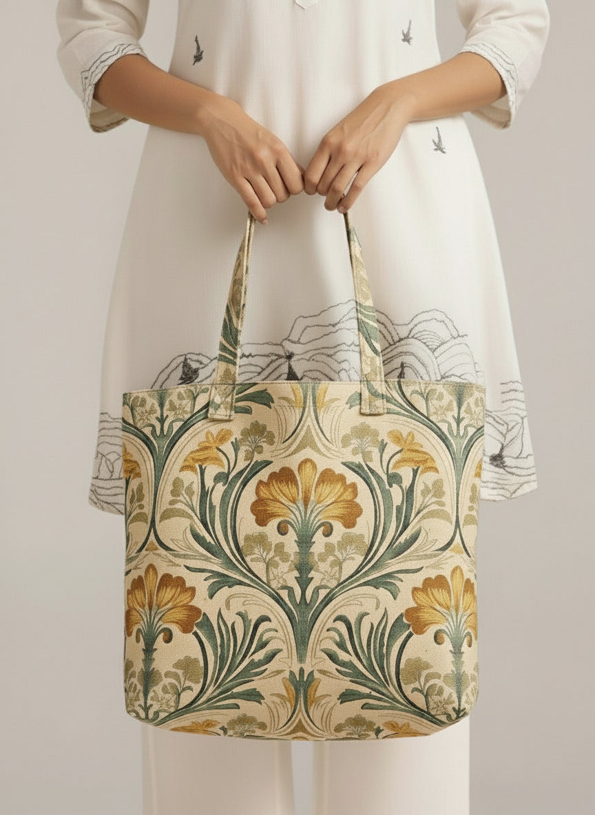 Girl holding a floral-patterned tote bag 