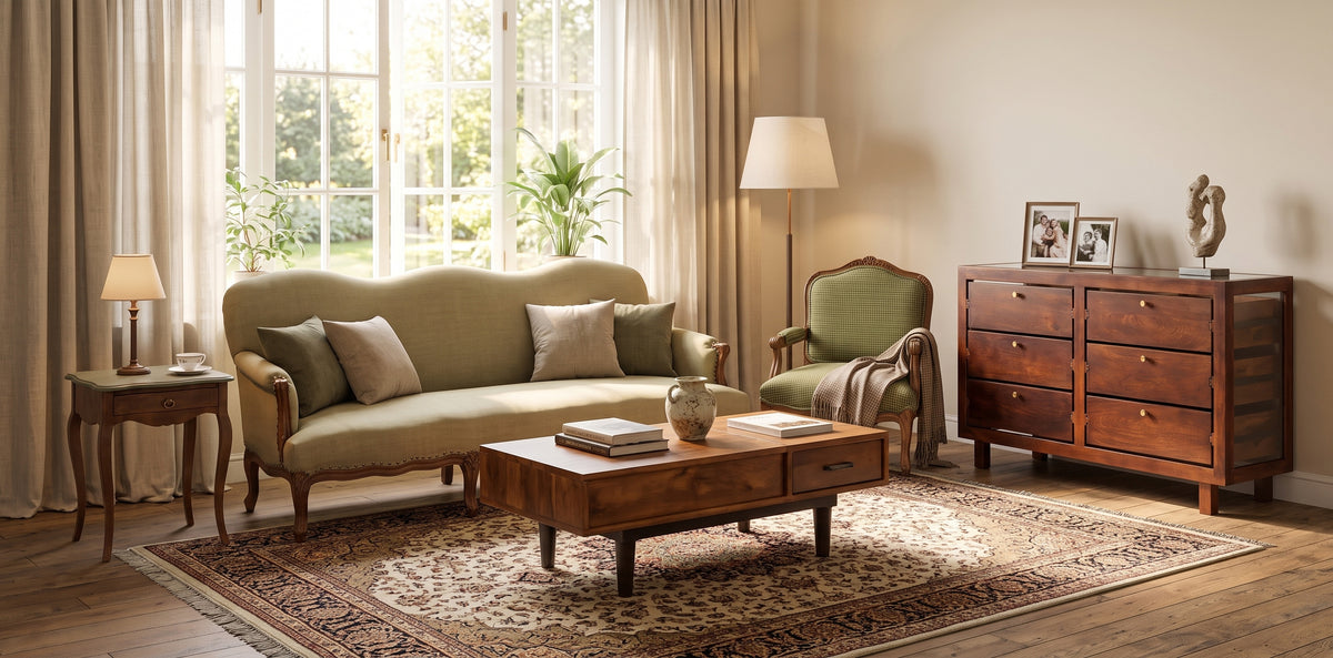 A styled living room featuring a light olive green sofa, matching armchair, dark wood coffee table, side table, and a six-drawer wooden chest of drawers on a patterned area rug.