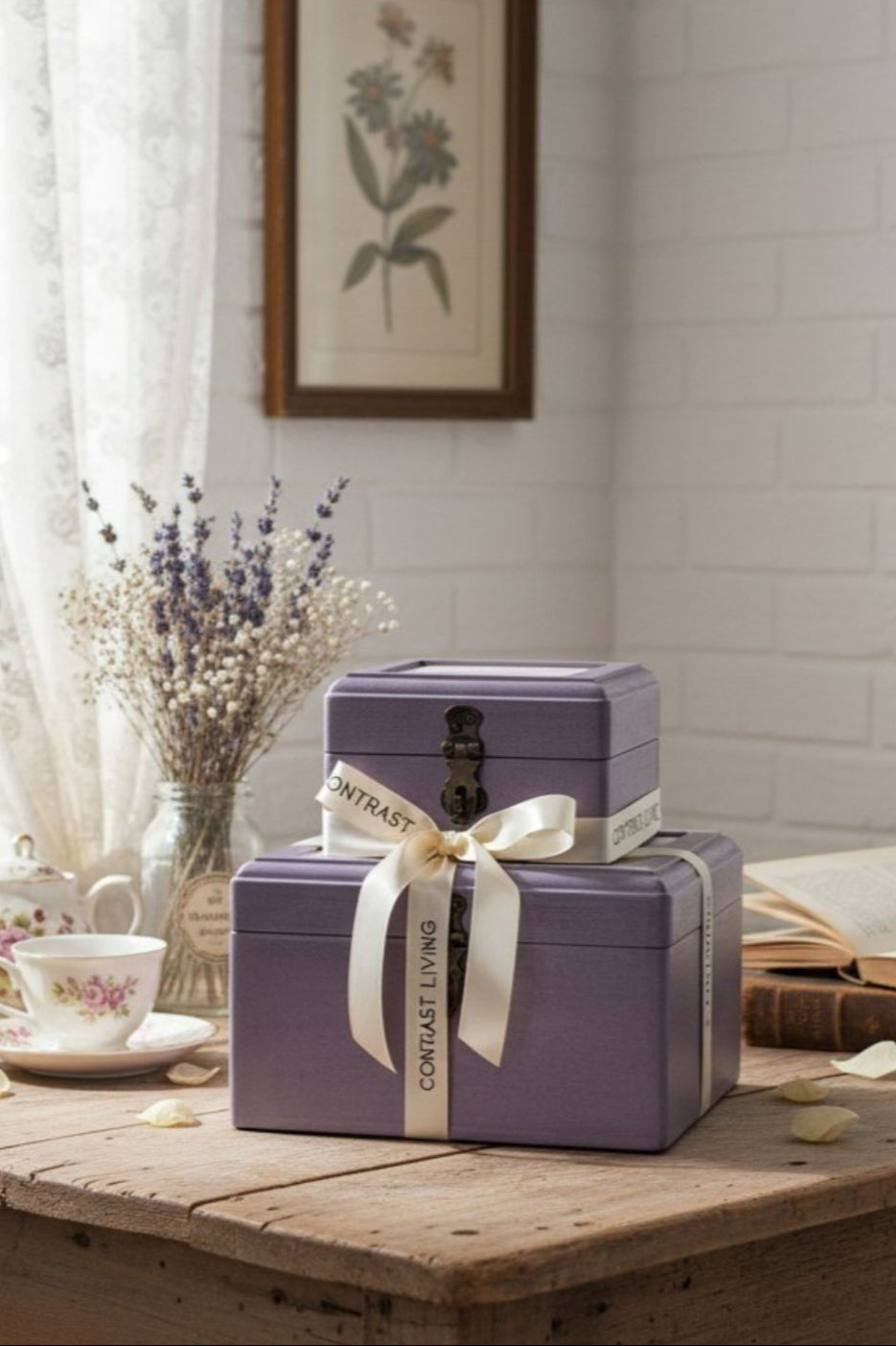 Stack of purple boxes with a white ribbon on a wooden table, with a floral painting in the background.