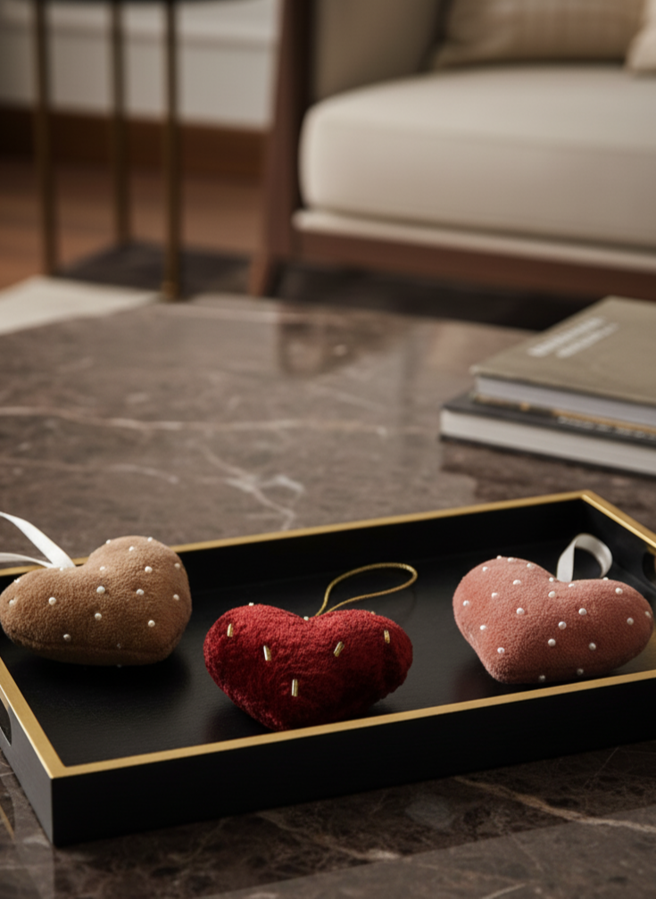 Decorative heart-shaped objects on a black tray in a living room setting.